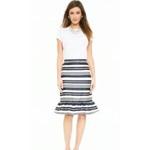 New Red Valentino Striped Skirt Womens 42 Blue Trumpet Flounce Hem